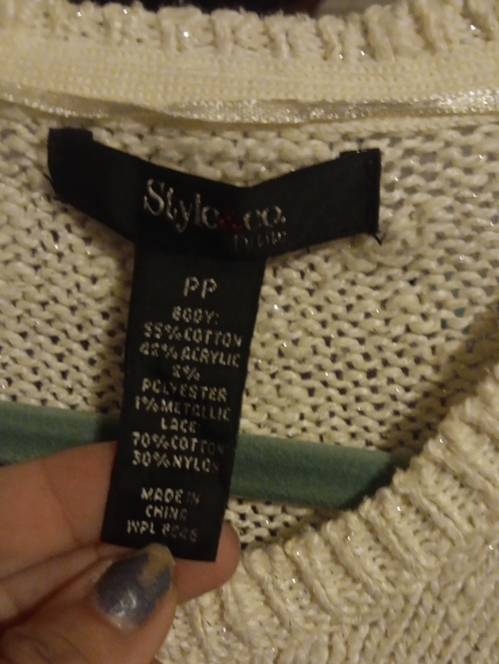 Style & Co. Cream Metallic Crew Neck Knit Sweater